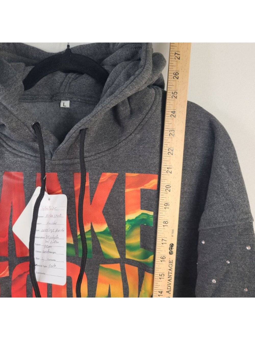 Make Today Great Oversized Charcoal Hoodie With Rhinestone Sleeves & Colorful - Picture 7 of 8